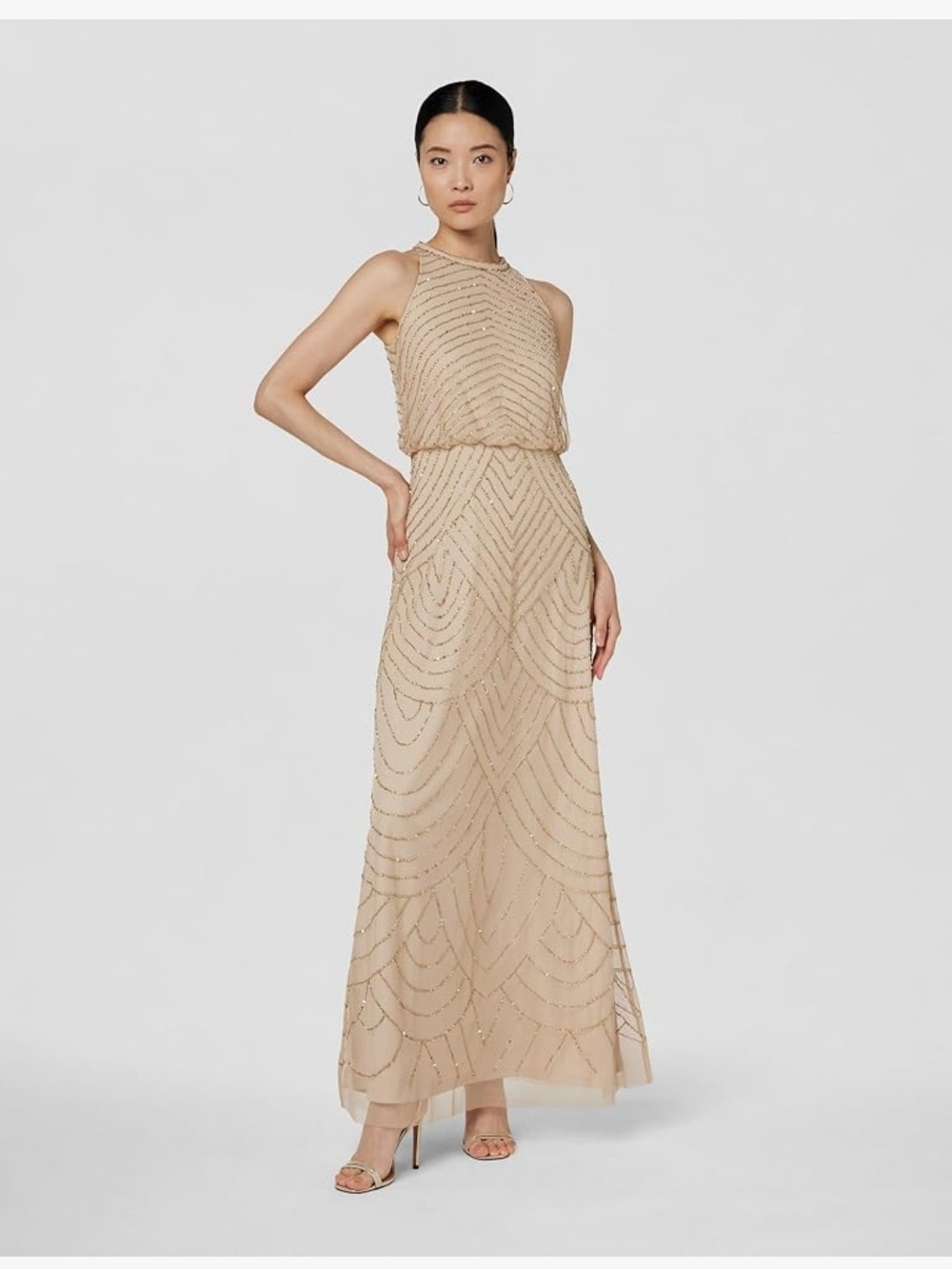 Adrianna Papell Gold-Beaded Halter Maxi Dress